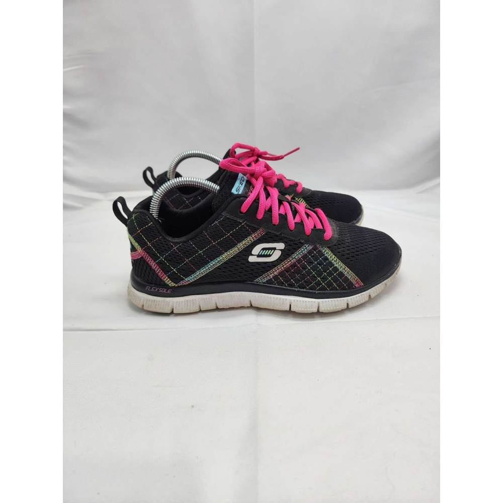 Skechers Flex Sole Memory Foam Sneakers Black Pink Rainbow Athletic Shoes Women - Picture 1 of 8